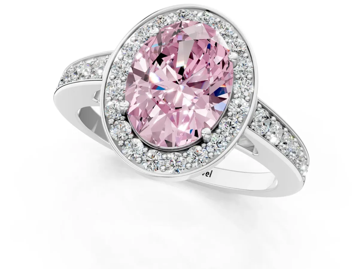 Fancy Pink Oval Cut Halo Pavé Diamond Engagement Ring with Bezel Setting Silver
