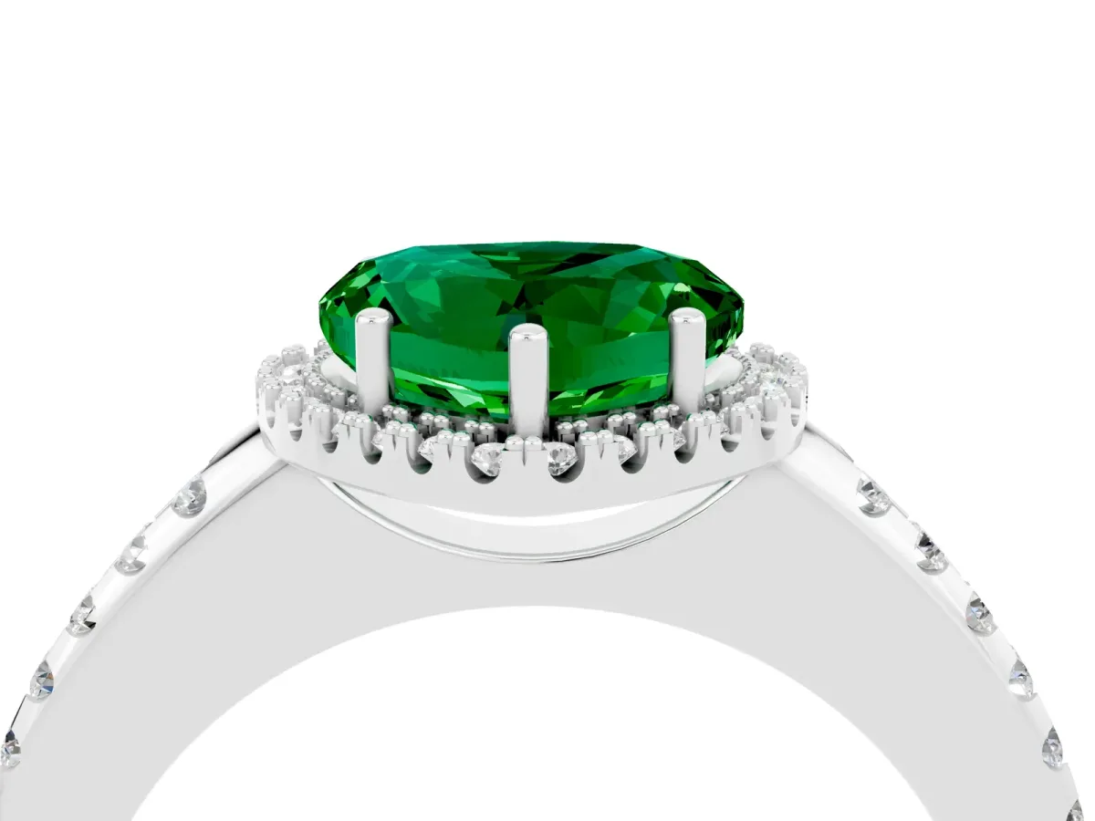 Heart Cut Emerald Pavé Halo Ring with Four-Prong Setting White gold