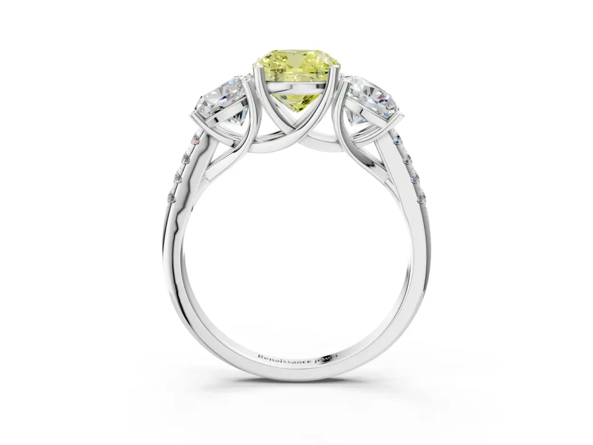 Fancy Yellow Three-Stone Cushion Cut Diamond Ring with Round Pavé Band and Prong Setting Silver