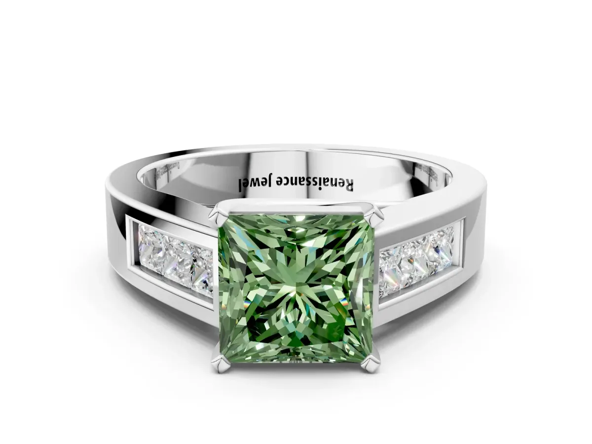 Fancy Green Princess Cut Cut Channel Set Solitaire Ring with Four-Prong Setting Silver