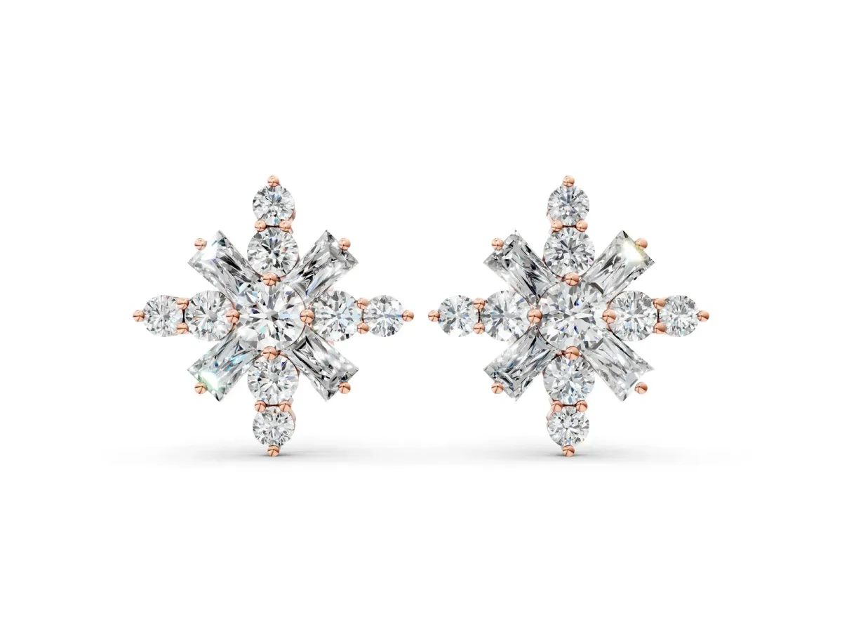 Round Cut Diamond Snowflake Cluster Stud Earrings Rose gold