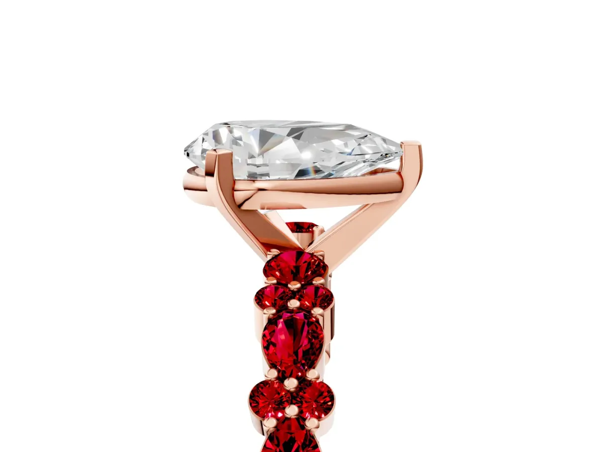 Pear Cut Diamond Side Stone Solitaire Ring with Round Ruby and Four-Prong Setting Rose gold