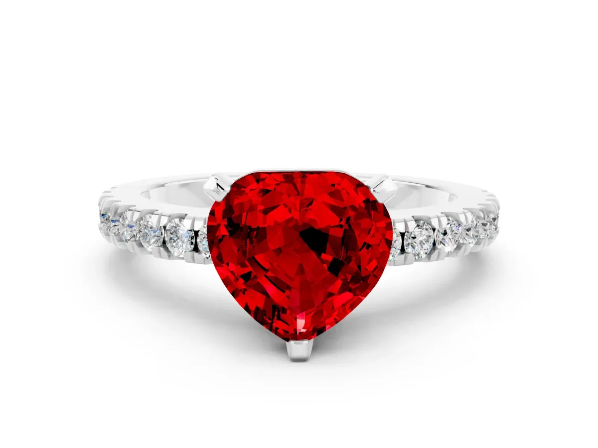 Heart Cut Solitaire Ruby with Pavé Band and Four-Prong Setting Silver