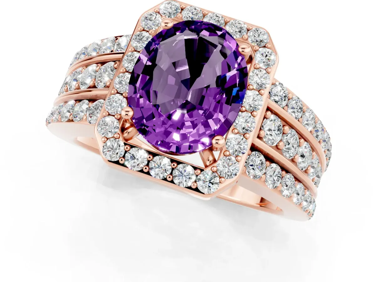Oval Cut Halo Amethyst Ring with Round Split Shank and Prong Setting Rose gold