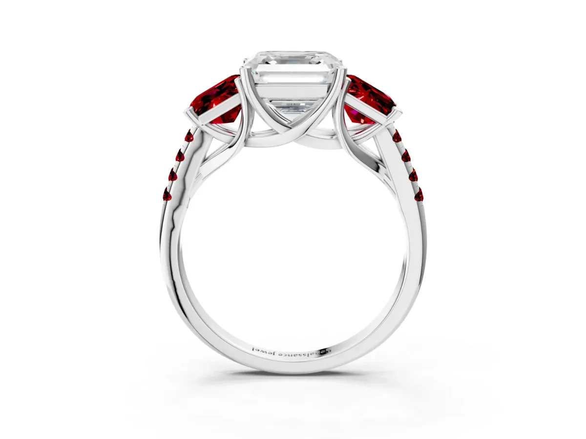 Three-Stone Asscher Cut Diamond Ring with Round Ruby Pavé Band and Prong Setting Platinum