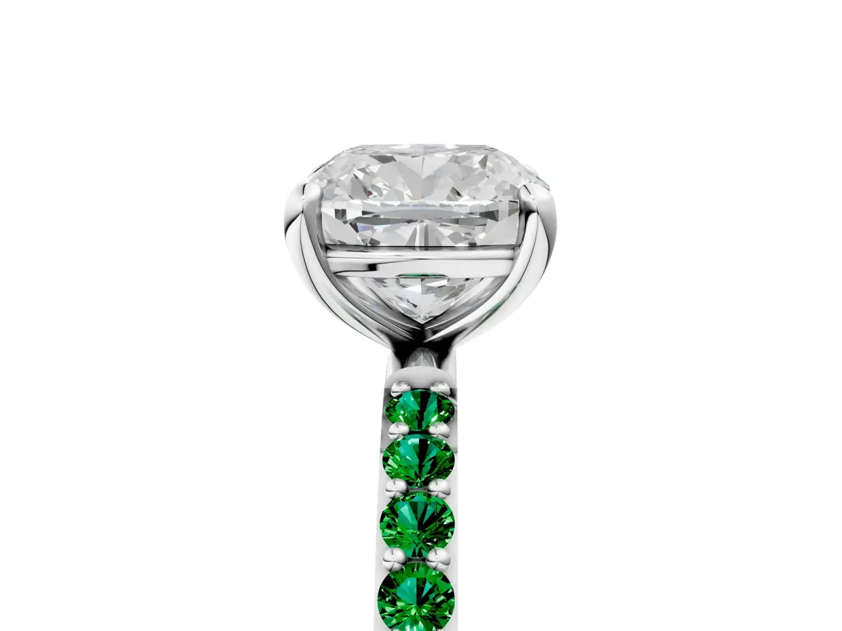 Cushion Cut Diamond Solitaire Ring with Round Emerald Pavé Band and Prong Setting Silver