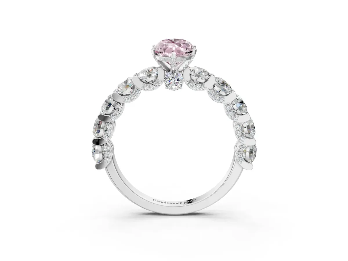 Fancy Pink Marquise Cut Diamond Side Stone Engagement Ring with Four-Prong Setting Silver