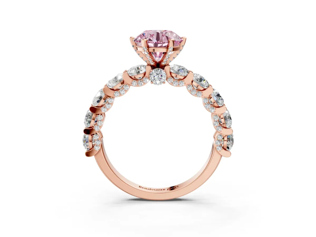 Fancy Pink Round Cut Diamond Side Stone Engagement Ring with Four-Prong Setting Rose gold