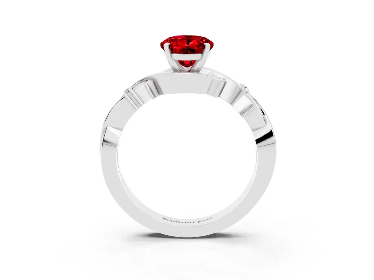Oval Cut Ruby Solitaire Ring with Twisted Band and Prong Setting Platinum