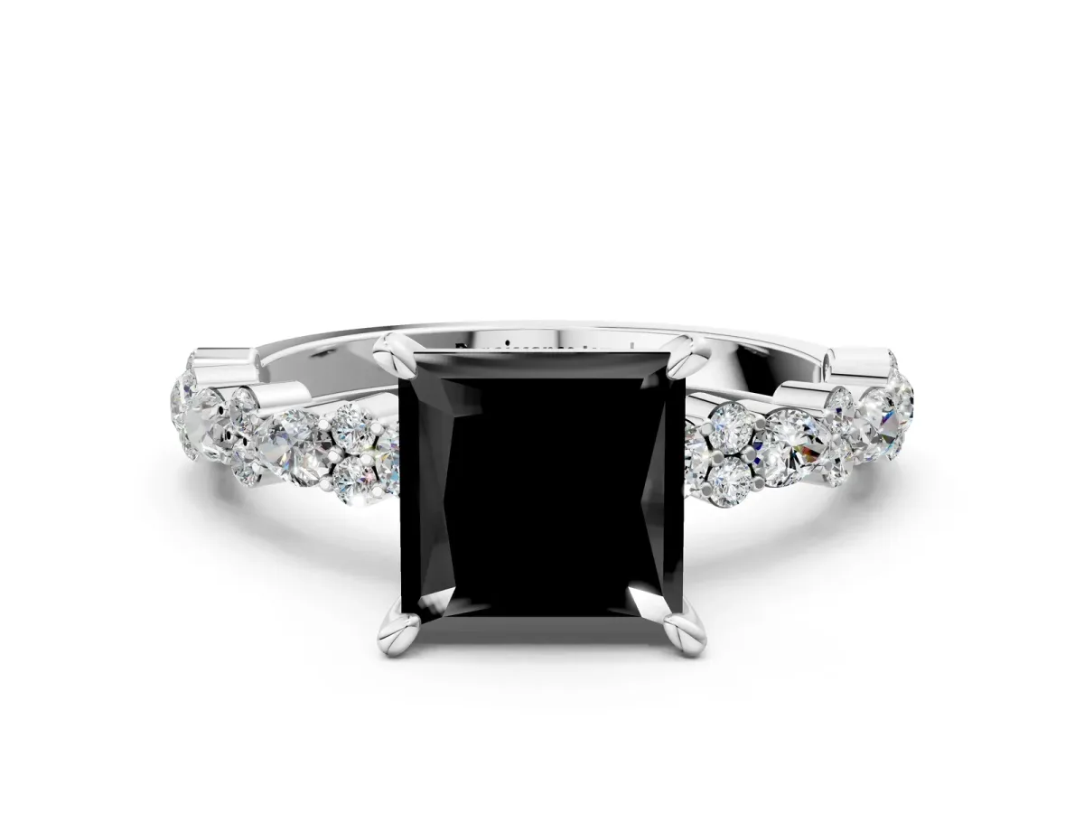 Fancy Black Princess Cut Diamond Side Stone Solitaire Ring with Round and Four-Prong Setting White gold