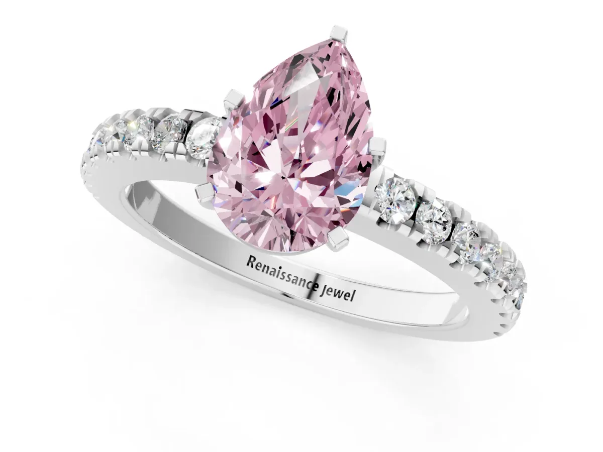 Fancy Pink Pear Cut Solitaire Diamond with Pavé Band and Four-Prong Setting Silver