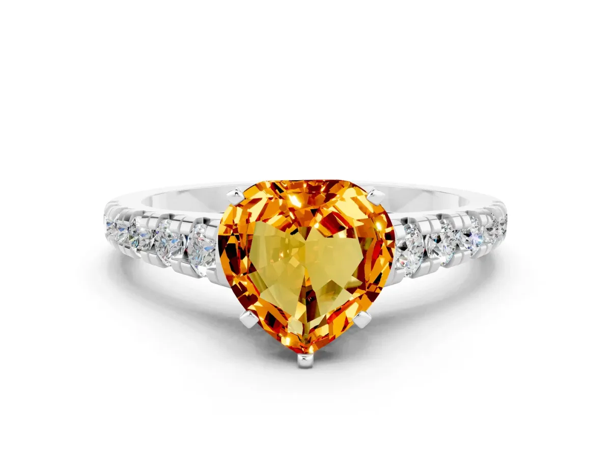 Heart Cut Citrine Cathedral Solitaire Ring with Round Pavé Band Silver