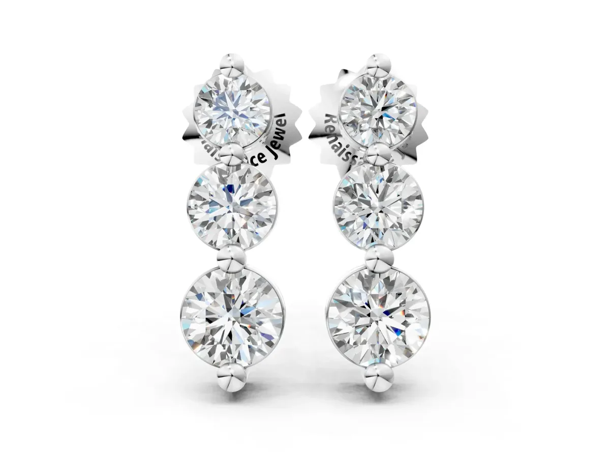 Three-Stone Round Diamond Drop Earrings with Prong Setting on White Gold Silver