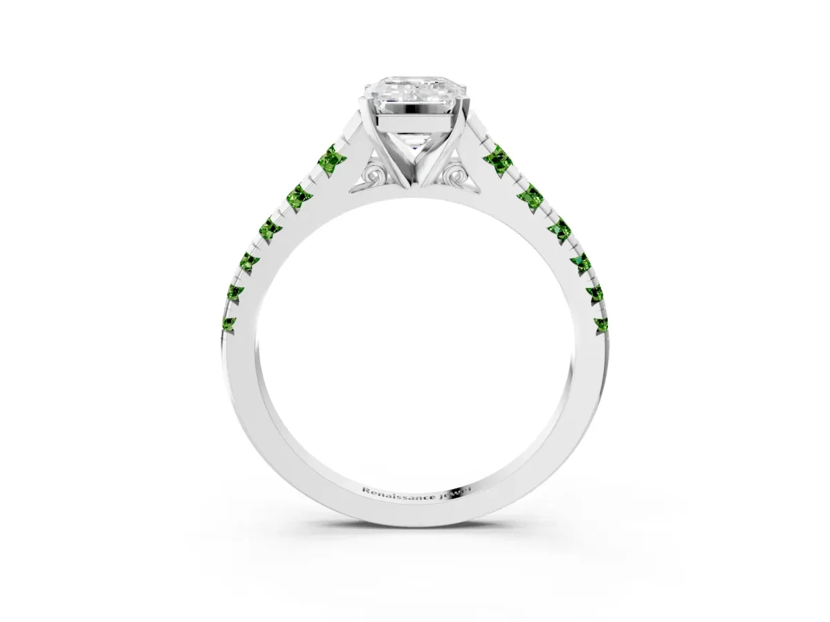 Emerald Cut Diamond Cathedral Solitaire Ring with Round Peridot Pavé Band Platinum