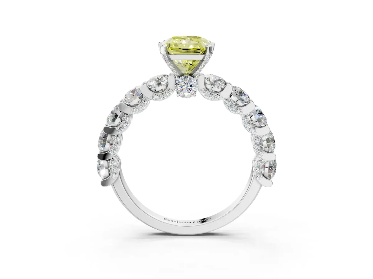 Fancy Yellow Radiant Cut Diamond Side Stone Engagement Ring with Four-Prong Setting White gold