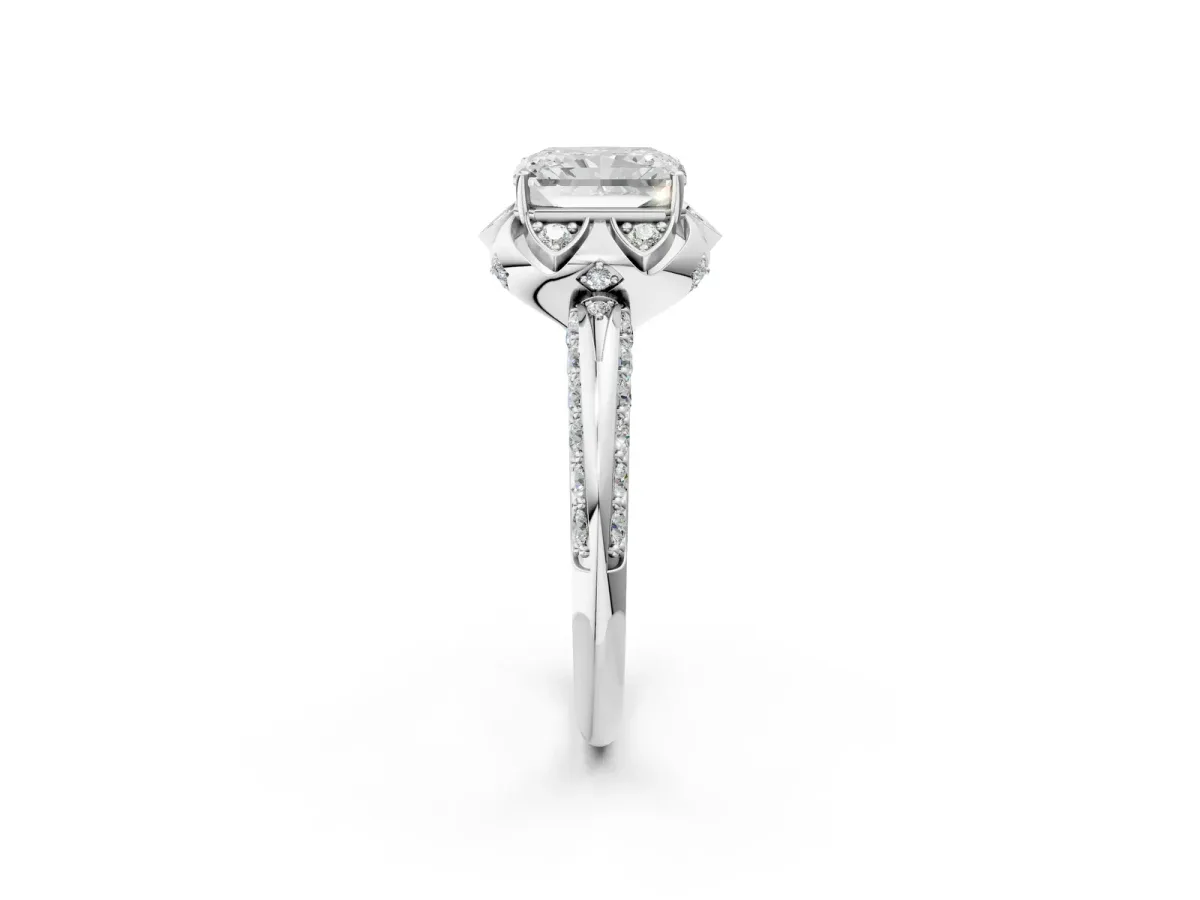 Radiant Cut Halo Split Shank Pave Diamond Ring with Petal Prong Setting Platinum