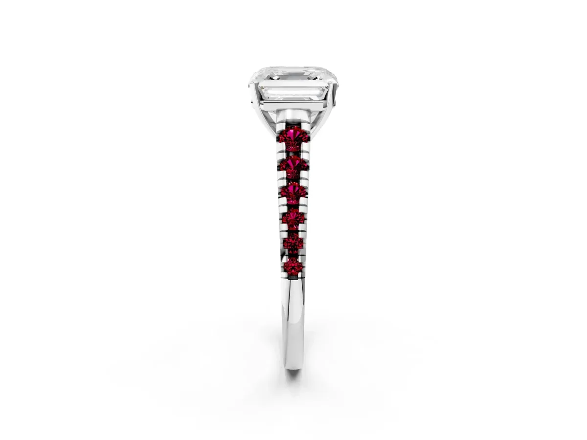 Asscher Cut Diamond Cathedral Solitaire Ring with Round Garnet Pavé Band Silver