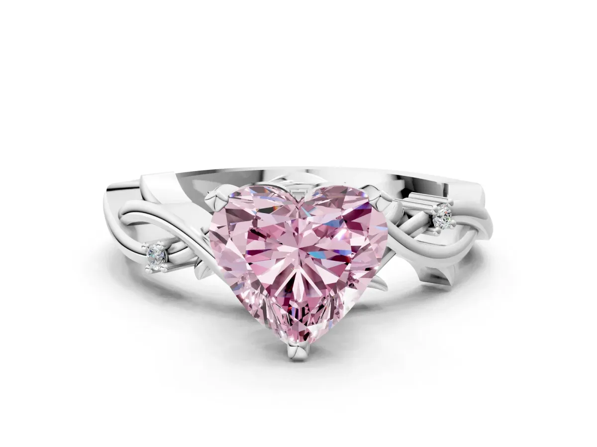 Fancy Pink Heart Cut Diamond Solitaire Ring with Twisted Band and Prong Setting Silver