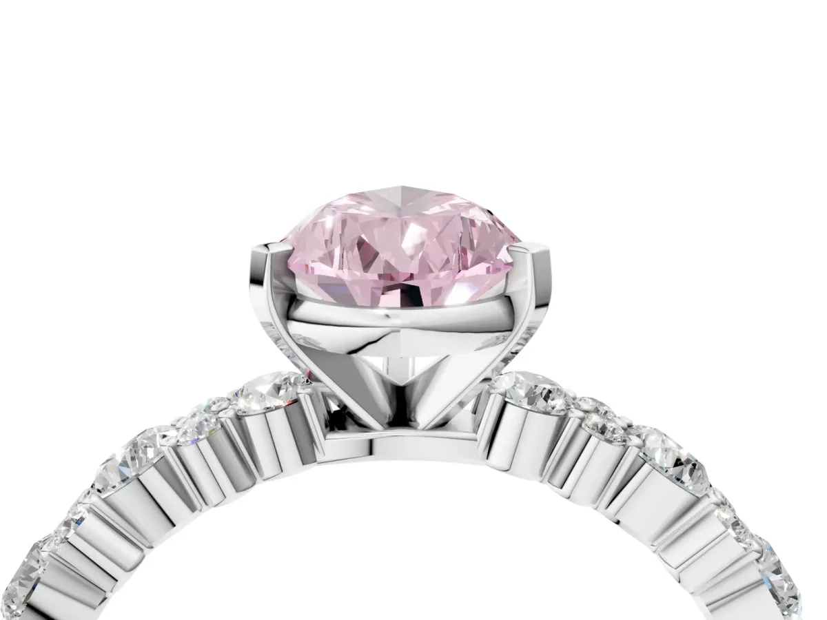 Fancy Pink Pear Cut Diamond Side Stone Solitaire Ring with Round and Four-Prong Setting White gold