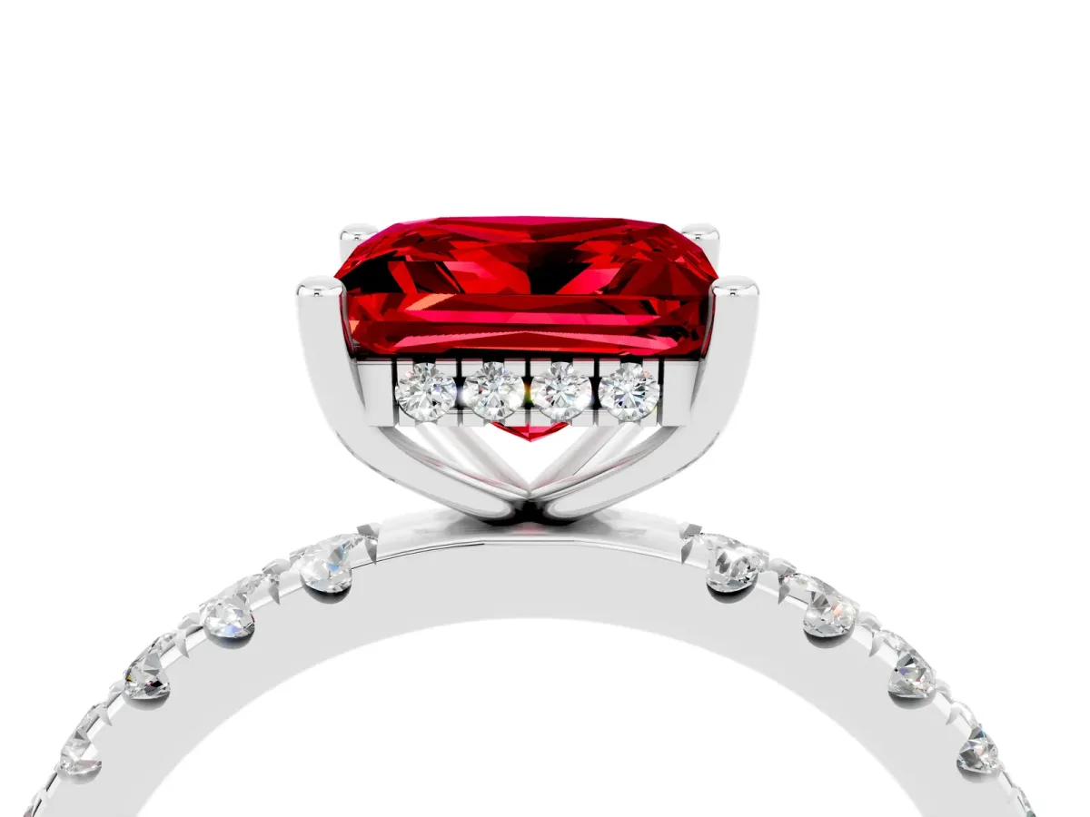 Princess Cut Ruby Pave Band Solitaire Ring with Round and Prong Setting Platinum