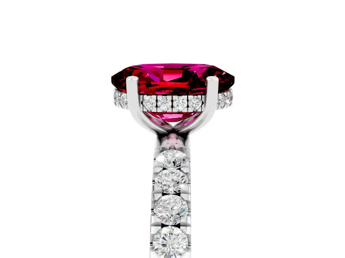 Oval Cut Garnet Pave Band Solitaire Ring with Round and Prong Setting Platinum