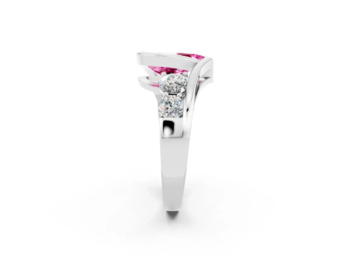 Bezel Set Pear Cut Pink Sapphire Bypass Ring with Round Accents Silver