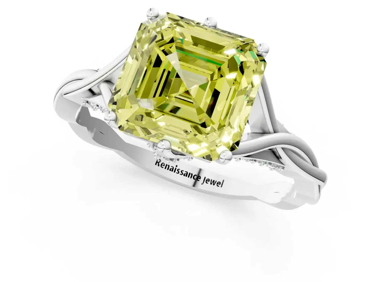 Fancy Yellow Asscher Cut Solitaire Twist Band Six-Prong Setting Platinum