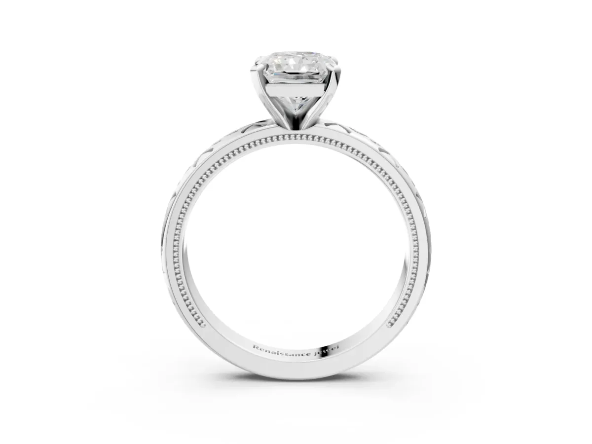 Radiant Cut Solitaire Engagement Ring with Scrollwork Band and Four-Prong Setting Platinum