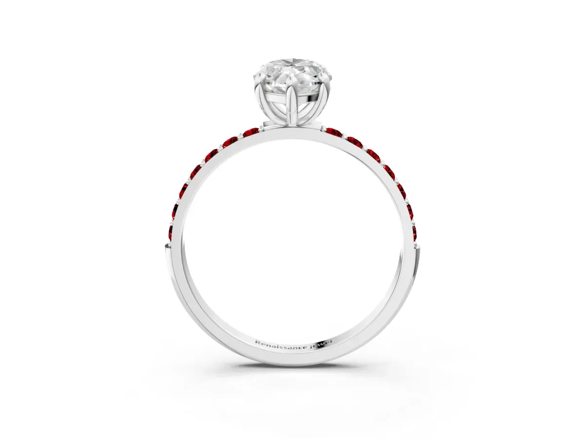 Marquise Cut Diamond Solitaire Ring with Round Ruby Pavé Band and Prong Setting Platinum