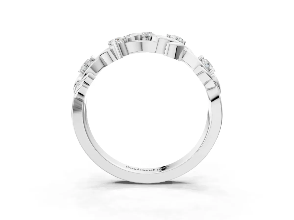 Round Diamond Leaf Motif Band with Prong Setting Silver