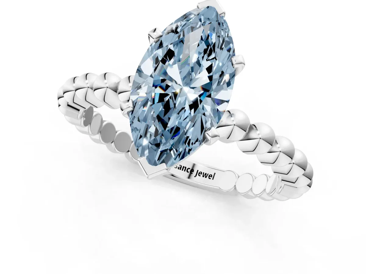 Fancy Blue Marquise Cut Diamond Solitaire Ring with Beaded Band and Prong Setting Silver