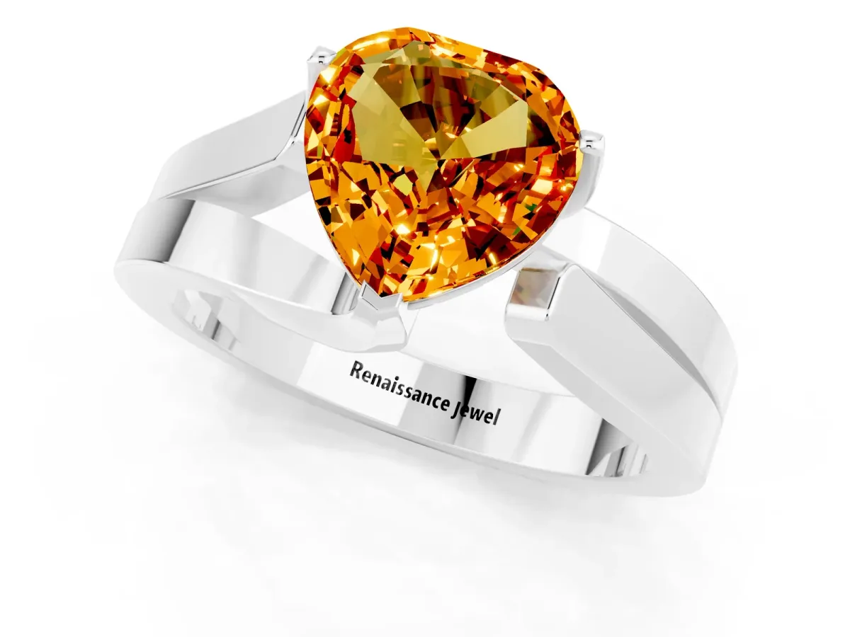 Modern Tension Set Heart Cut Citrine Solitaire Wide Band Ring Silver