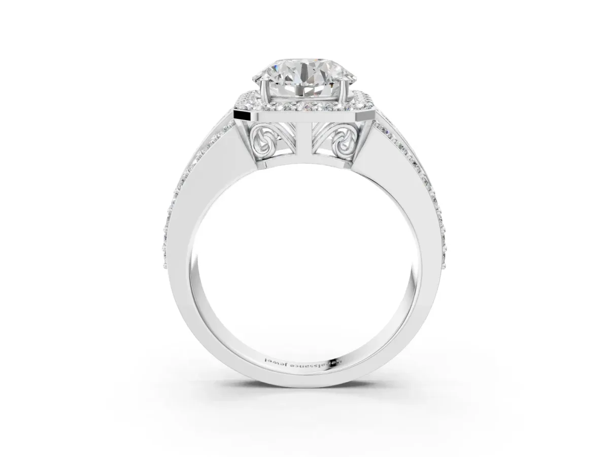 Round Cut Halo Diamond Ring with Round Split Shank and Prong Setting White gold