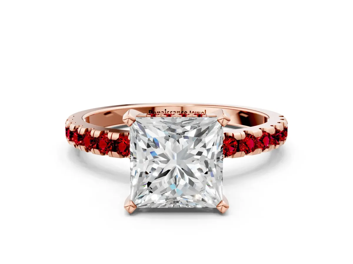 Princess Cut Diamond Solitaire Ring with Round Ruby Pavé Band and Four-Prong Setting Rose gold