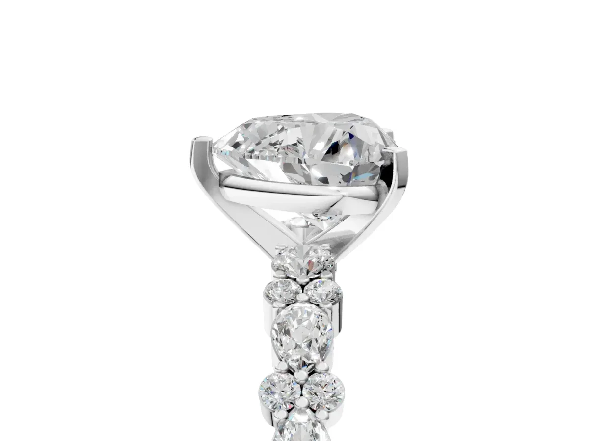 Heart Cut Diamond Side Stone Solitaire Ring with Round and Four-Prong Setting White gold