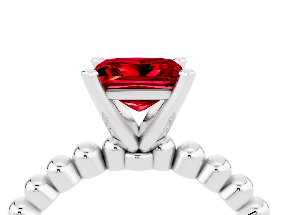 Princess Cut Ruby Solitaire Ring with Beaded Band and Prong Setting Platinum