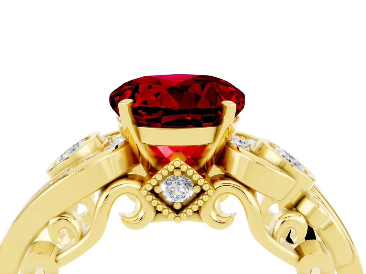 Round Cut Ruby Solitaire Ring with Milgrain Pavé Band and Four-Prong Setting Yellow gold