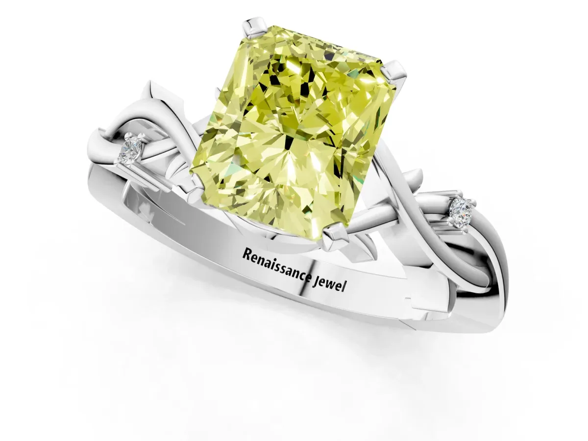 Fancy Yellow Radiant Cut Diamond Solitaire Ring with Twisted Band and Prong Setting Silver