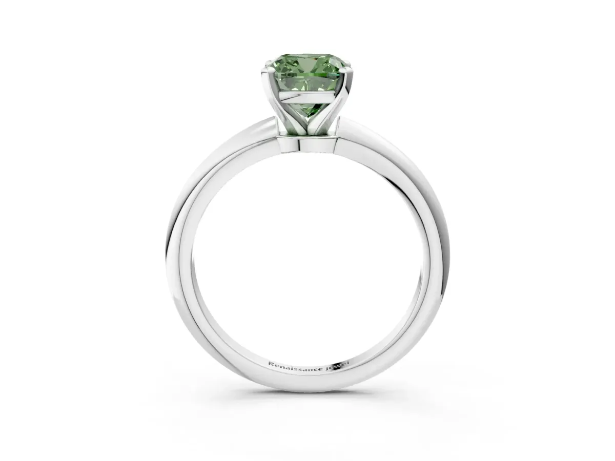 Fancy Green Cushion Cut Diamond Solitaire Ring with Six-Prong Setting and Classic Band Silver