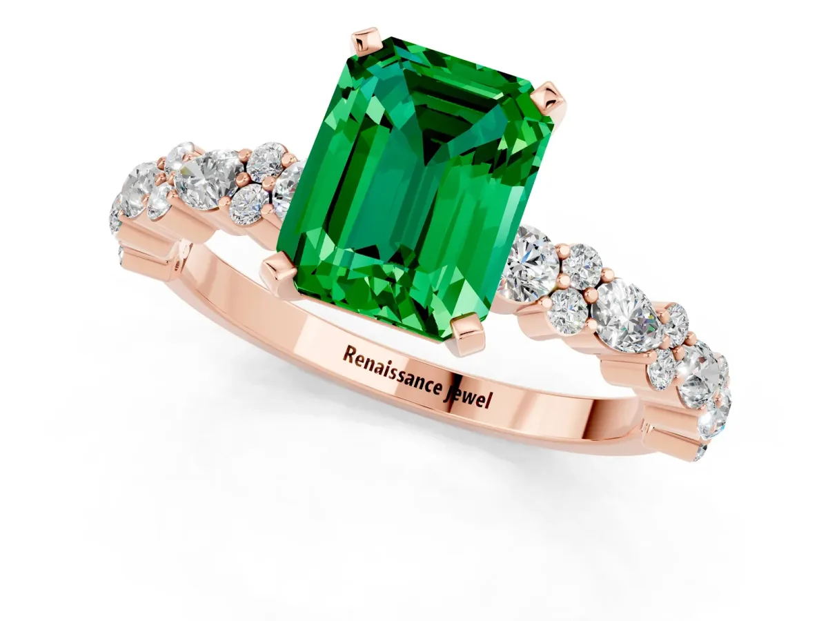 Emerald Cut Emerald Side Stone Solitaire Ring with Round and Four-Prong Setting Rose gold