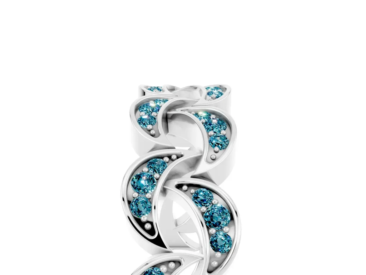 Pavé Round Blue Topaz Interlocking Eternity Band with Bezel Prong Setting Platinum