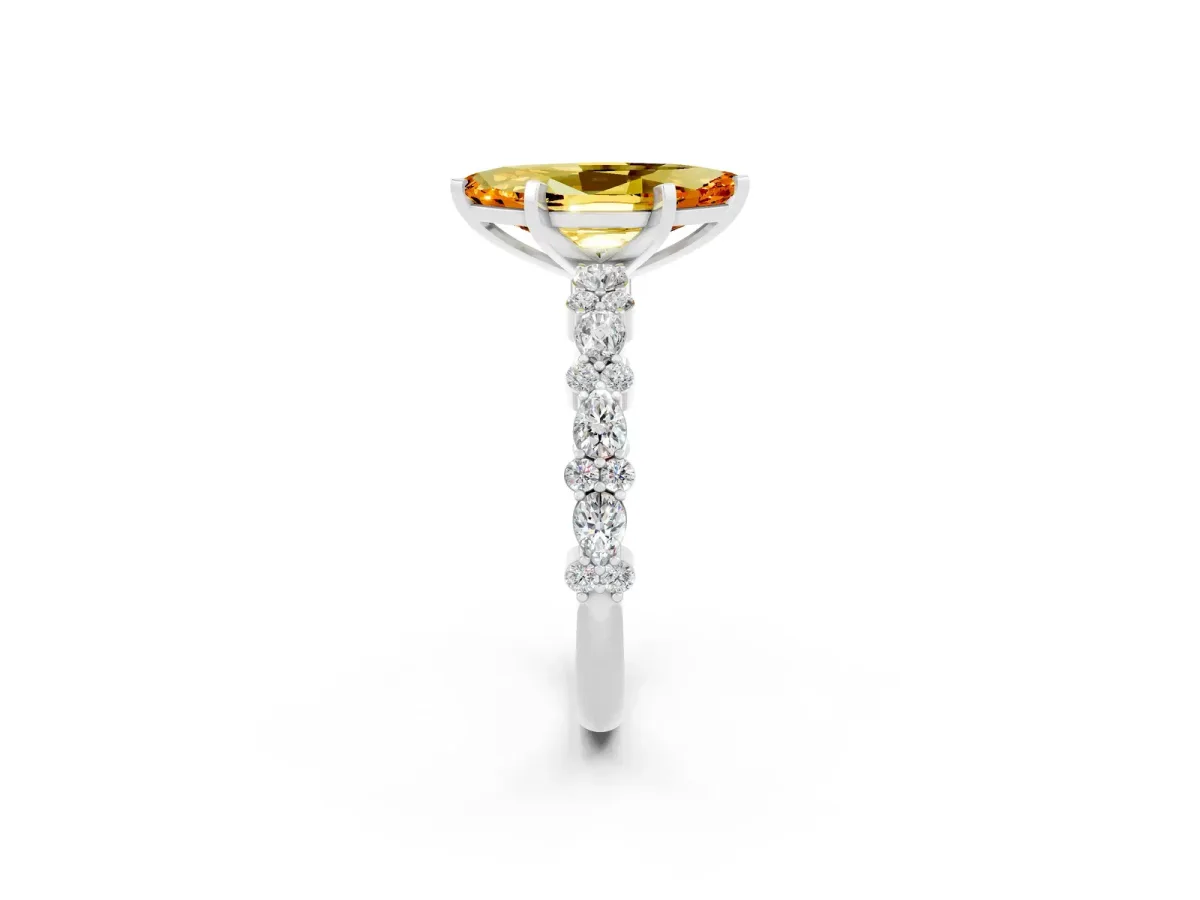 Marquise Cut Citrine Side Stone Solitaire Ring with Round and Four-Prong Setting Platinum