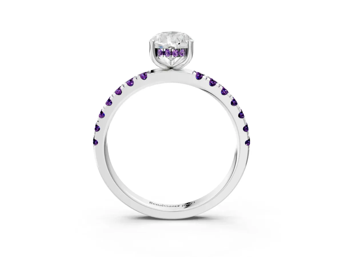 Pear Cut Diamond Pave Band Solitaire Ring with Round Amethyst and Prong Setting Platinum