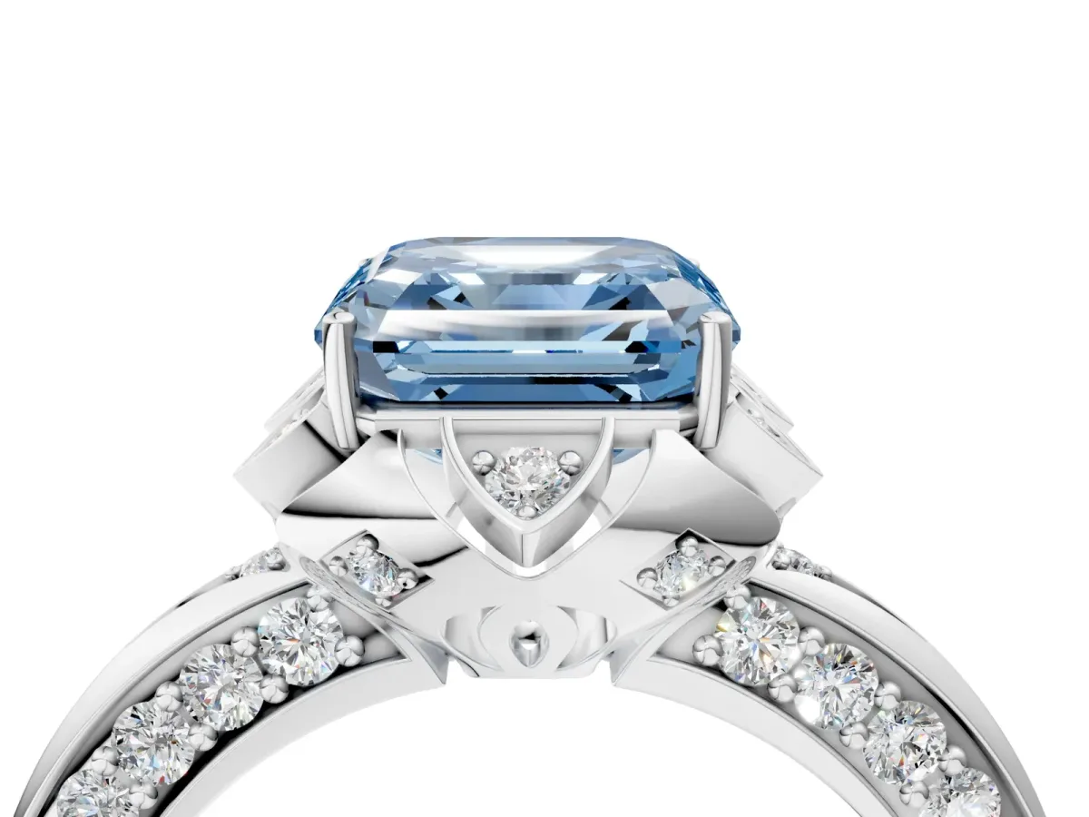 Fancy Blue Asscher Cut Halo Split Shank Pave Diamond Ring with Petal Prong Setting Platinum