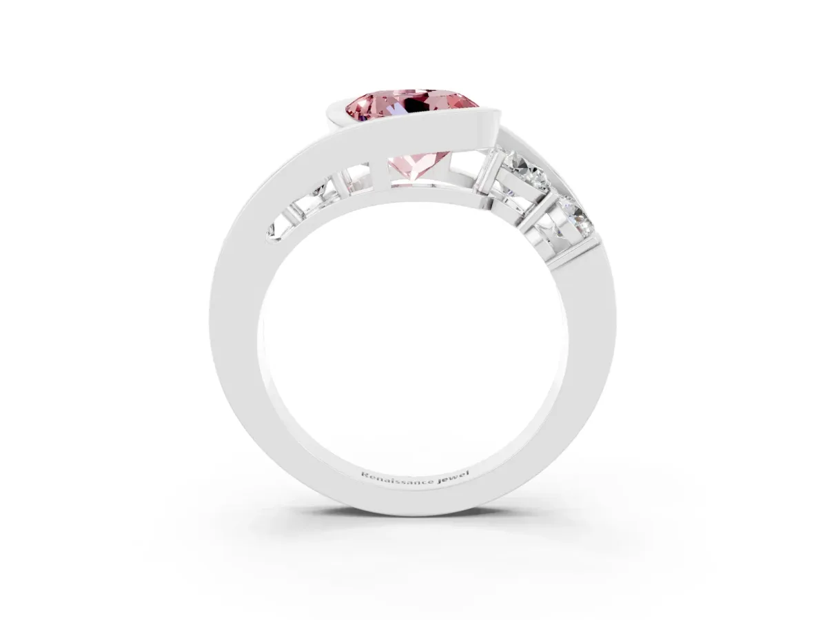 Bezel Set Round Cut Morganite Bypass Ring with Round Accents Silver