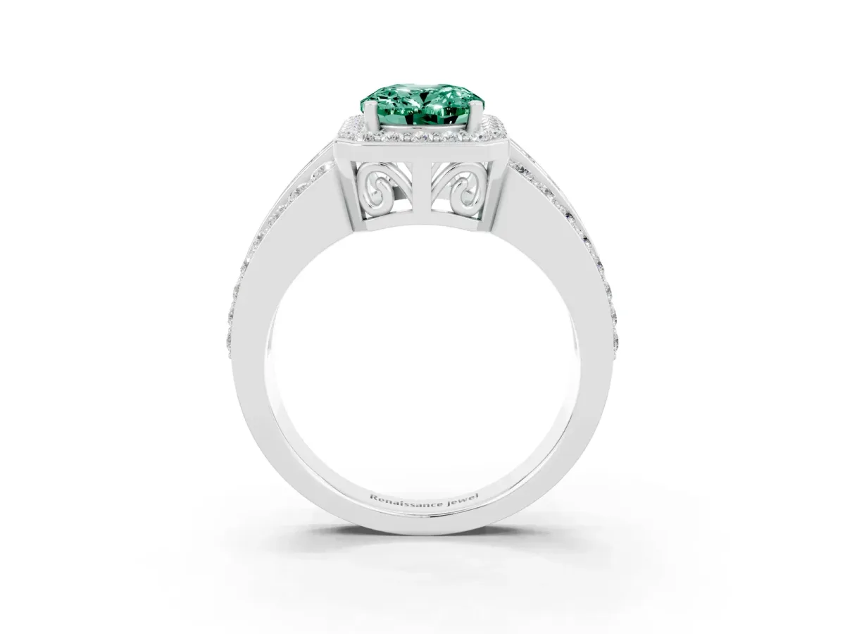 Oval Cut Halo Green Sapphire Ring with Round Split Shank and Prong Setting Silver