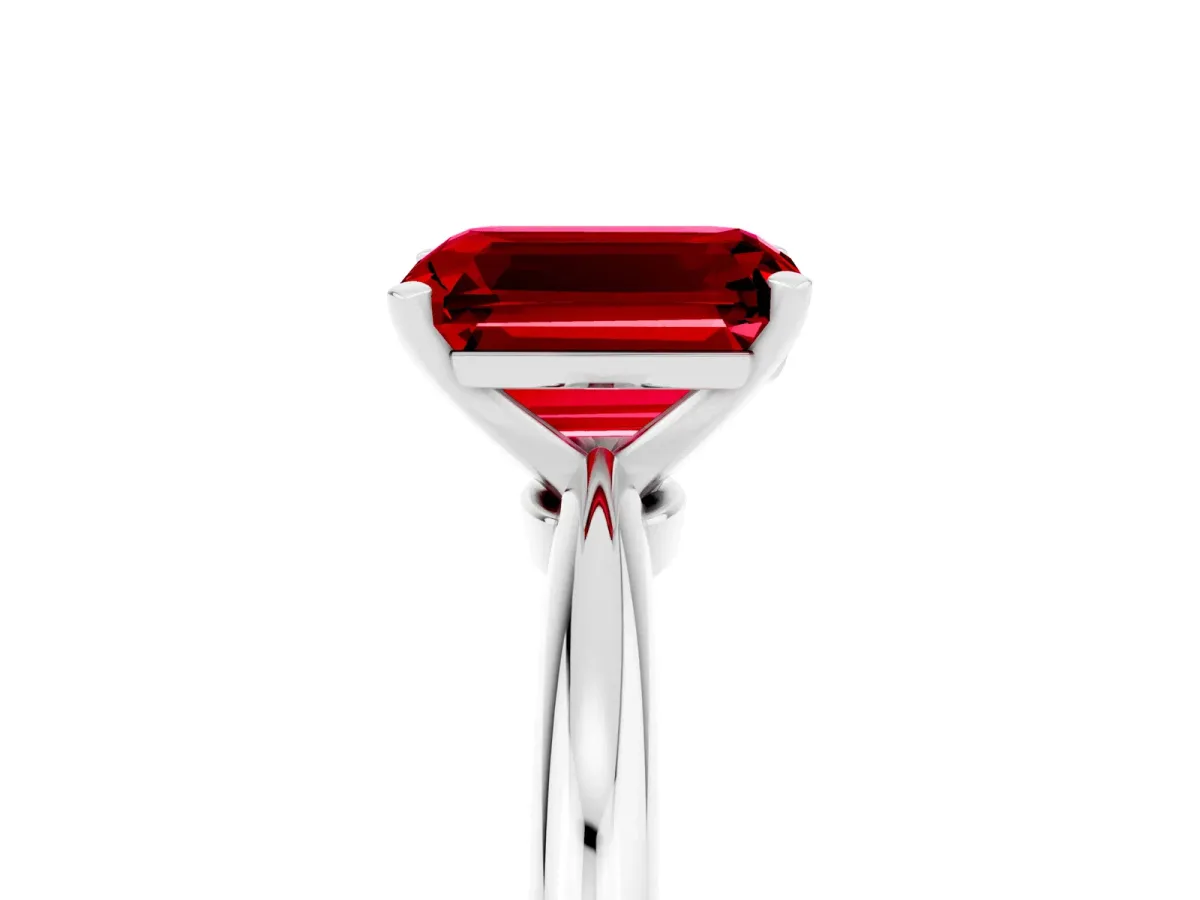 Emerald Cut Ruby Solitaire Ring with Six-Prong Setting and Classic Band Silver