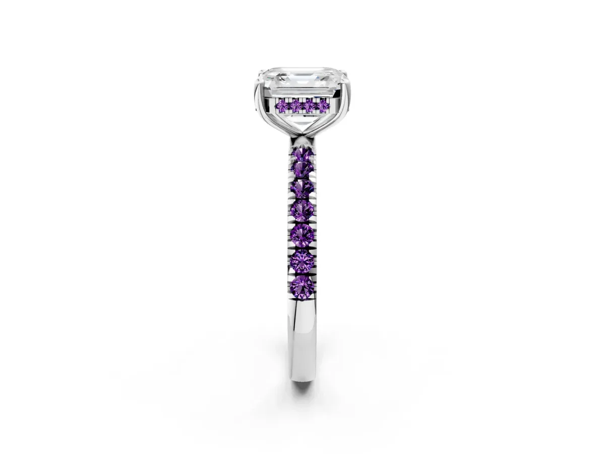Asscher Cut Diamond Pave Band Solitaire Ring with Round Amethyst and Prong Setting Platinum