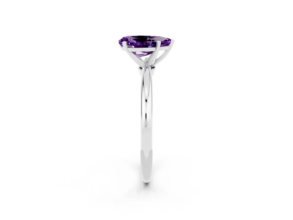 Pear Cut Amethyst Solitaire Ring with Six-Prong Setting and Classic Band Silver