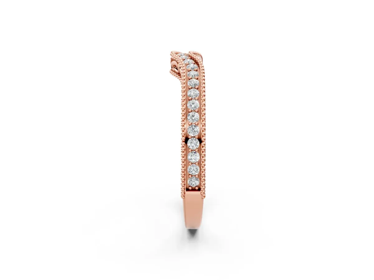 Pave Round Diamond Curved Milgrain Band Rose gold